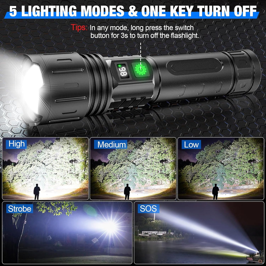 100000 Lumen Tactical LED Flashlight Rechargeable Battery Zoomable Powerbank
