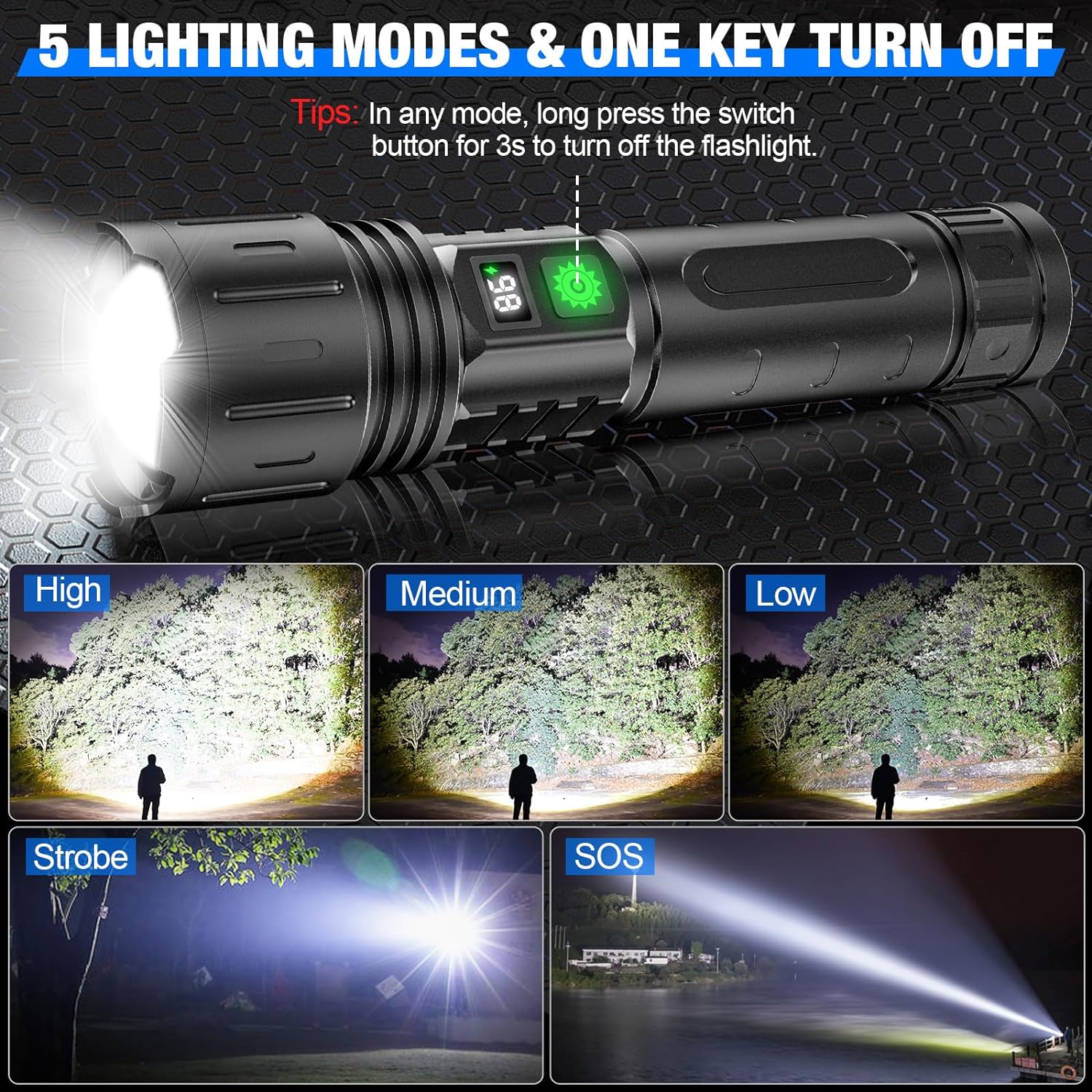 Taktická LED svítilna 100000 lumenů, dobíjecí baterie, zoomovatelná, powerbanka