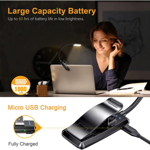9 LED Clip On Reading Light USB Rechargeable For Bedtime Reading Eye Friendly Stepless Dimmable