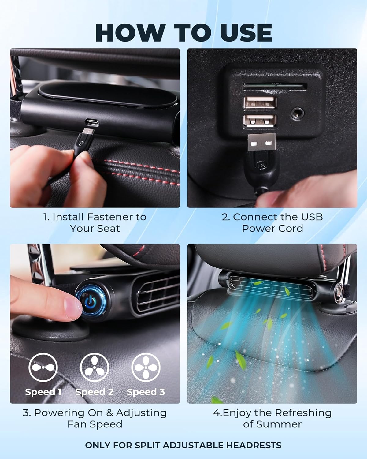 Headrest Mounted USB Powered Car Fan With Three Speeds, Bladeless And Quiet