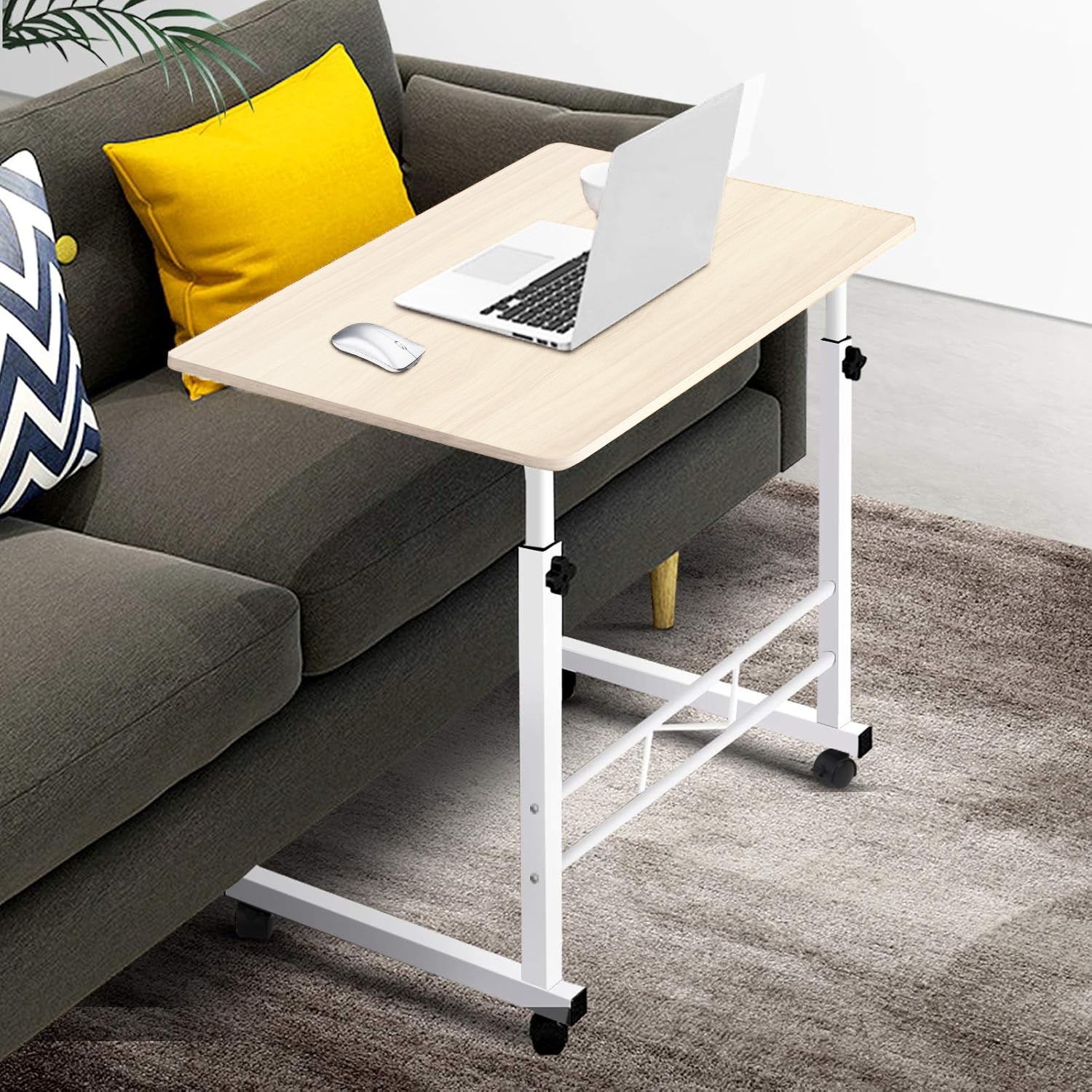 Mobile Laptop Desk On Wheels Height Adjustable With White Steel Frame And Wood Top