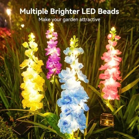 BLOOMLIVA Solar-Gartenleuchten mit Ritterspornmotiv — stimmungsvolle LED-Beleuchtung im Blumenstil