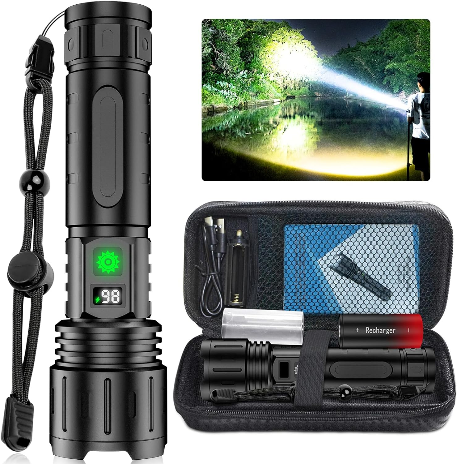 Taktická LED svítilna 100000 lumenů, dobíjecí baterie, zoomovatelná, powerbanka