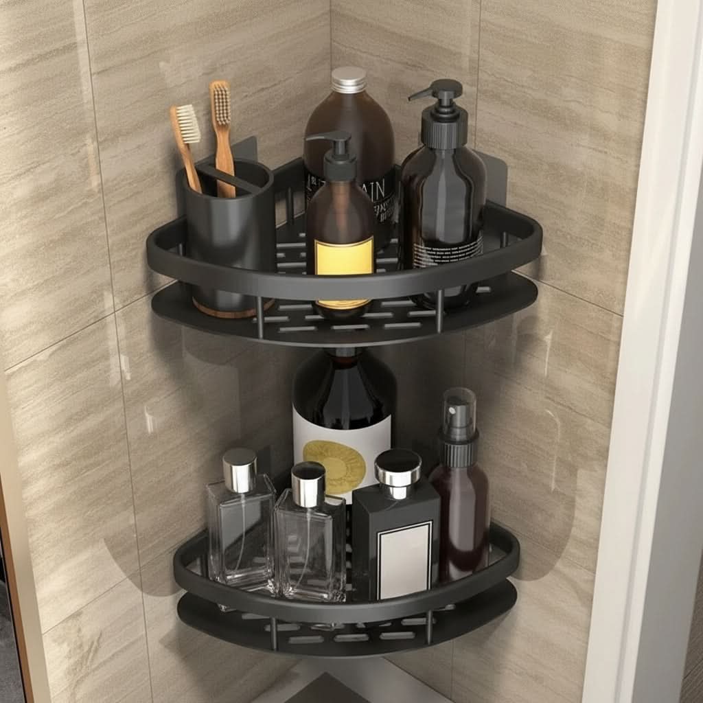 Organizer da parete per bagno ALUVAULT — Scaffale contenitore in lega di alluminio dal design elegante