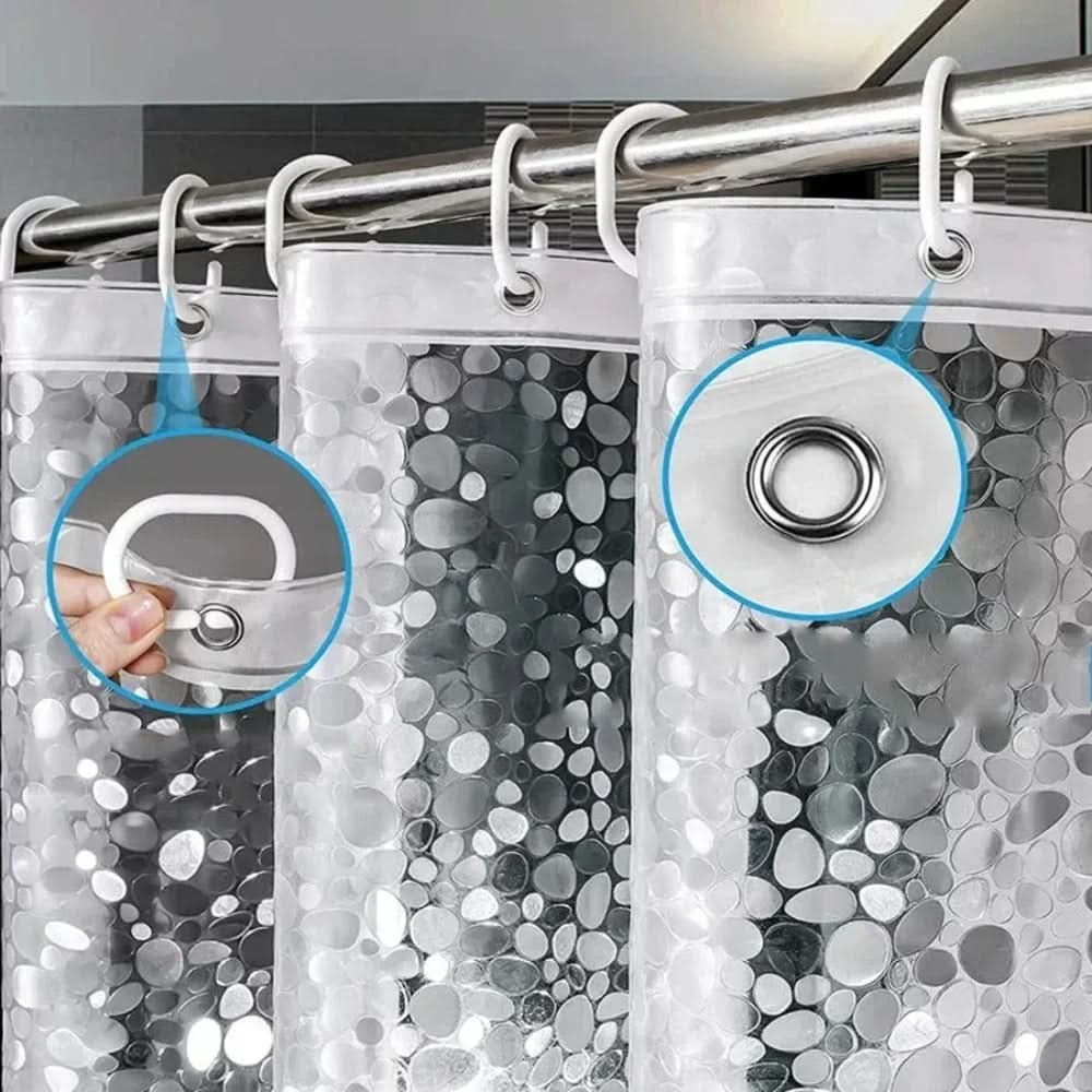 Cortina de duche transparente CLEARFLOW — Design impermeável com padrão de seixos