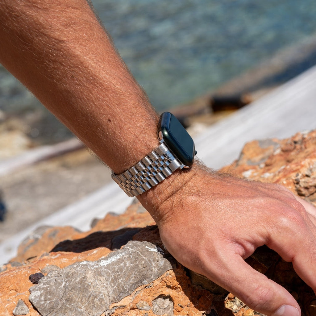 Jubiläums-Edelstahlarmband für die Apple Watch, silberfarben – fein poliertes Gliederdesign
