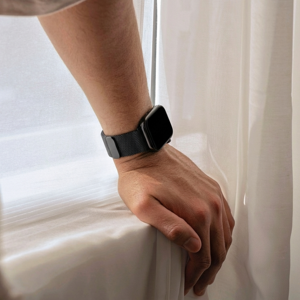 Apple-Watch-Milanese-Armband – Detailansicht der schwarzen Schließe
