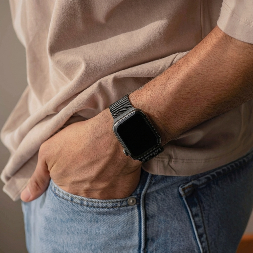 Apple-Watch-Milanese-Armband – Detailansicht der schwarzen Schließe
