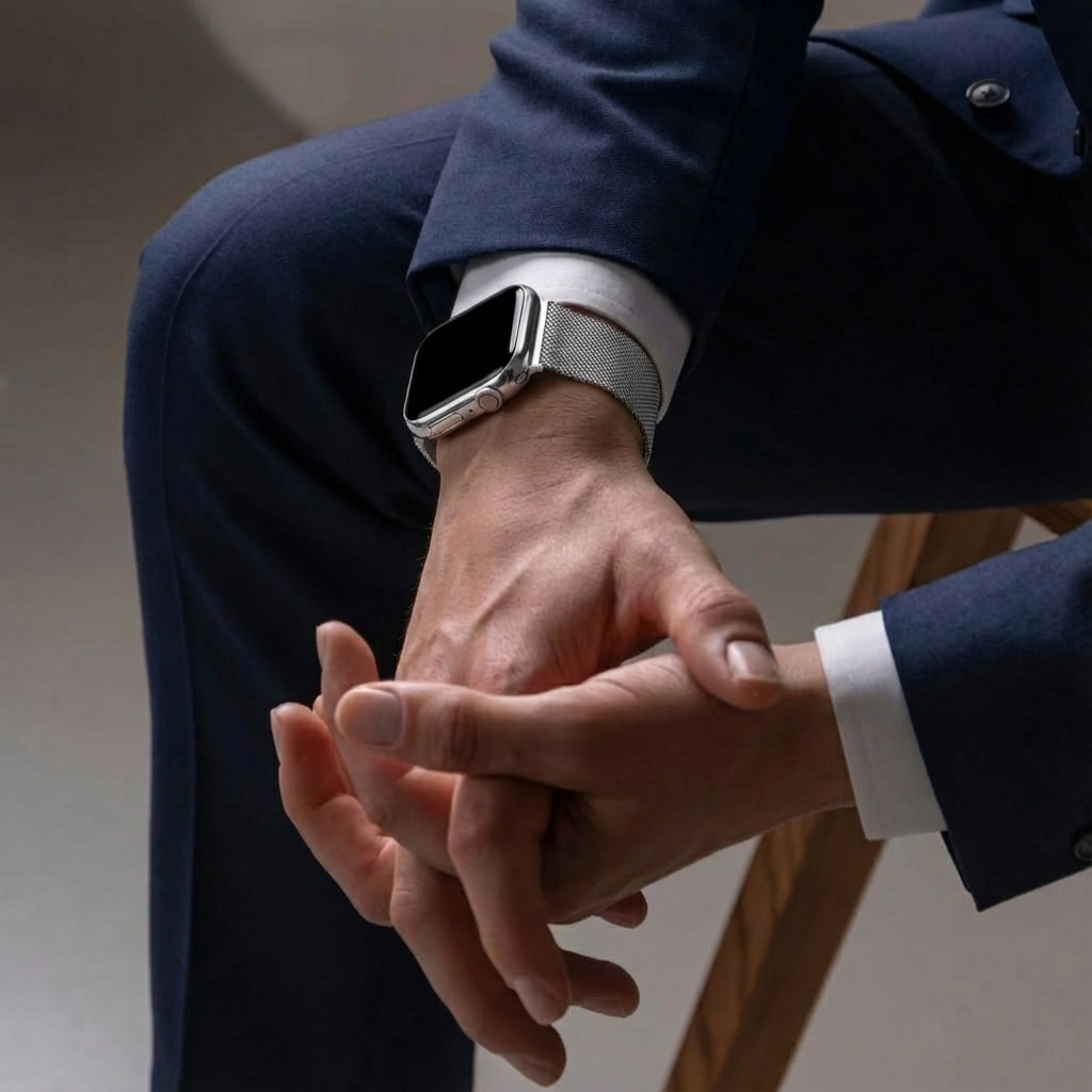 سوار Apple Watch ميلانيزي بلمسة فضية وإغلاق بإبزيم آمن