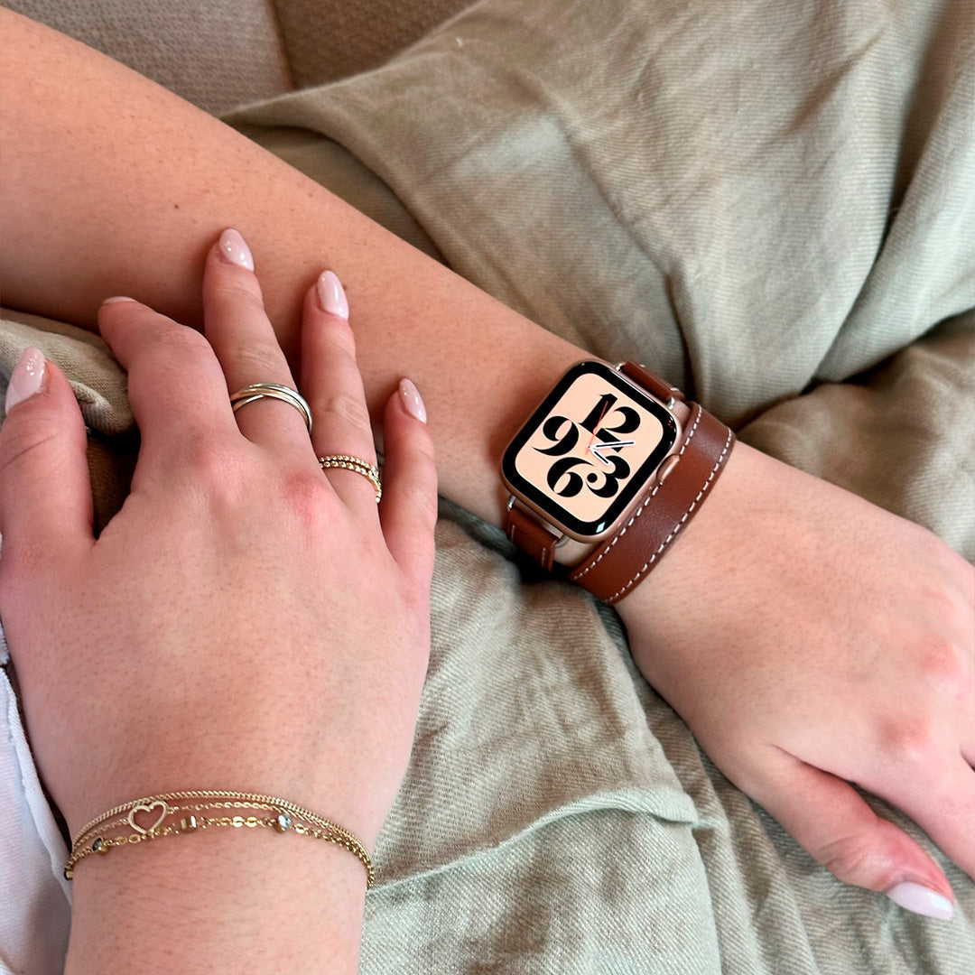 Apple-Watch-Doppelarmband — echtes Leder, kräftiges Braun