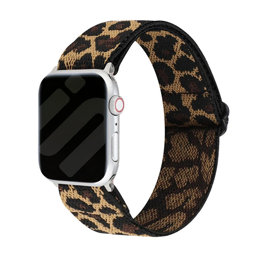 Elastický řemínek s leopardím vzorem pro Apple Watch — bezpečné zapínání na sponu