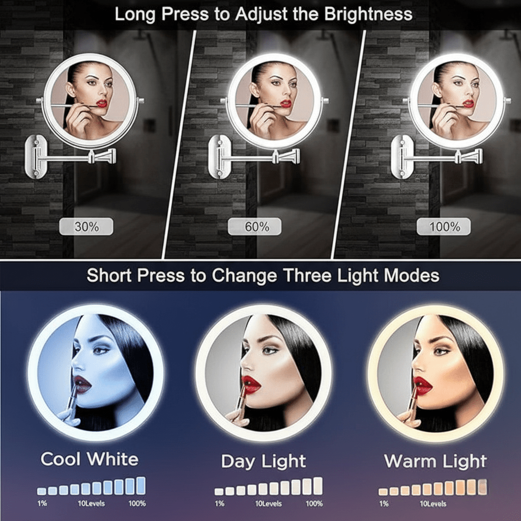 Rechargeable LED Magnifying Vanity Mirror Dimmable 20 Cm Round