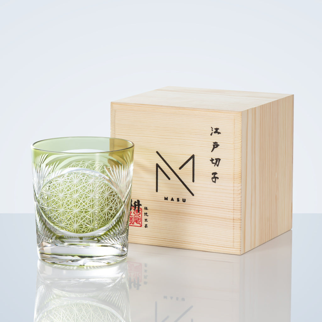 Whiskey Glass With Edo Kiriko Crane Feather Pattern In Amber Handmade Japanese Crystal