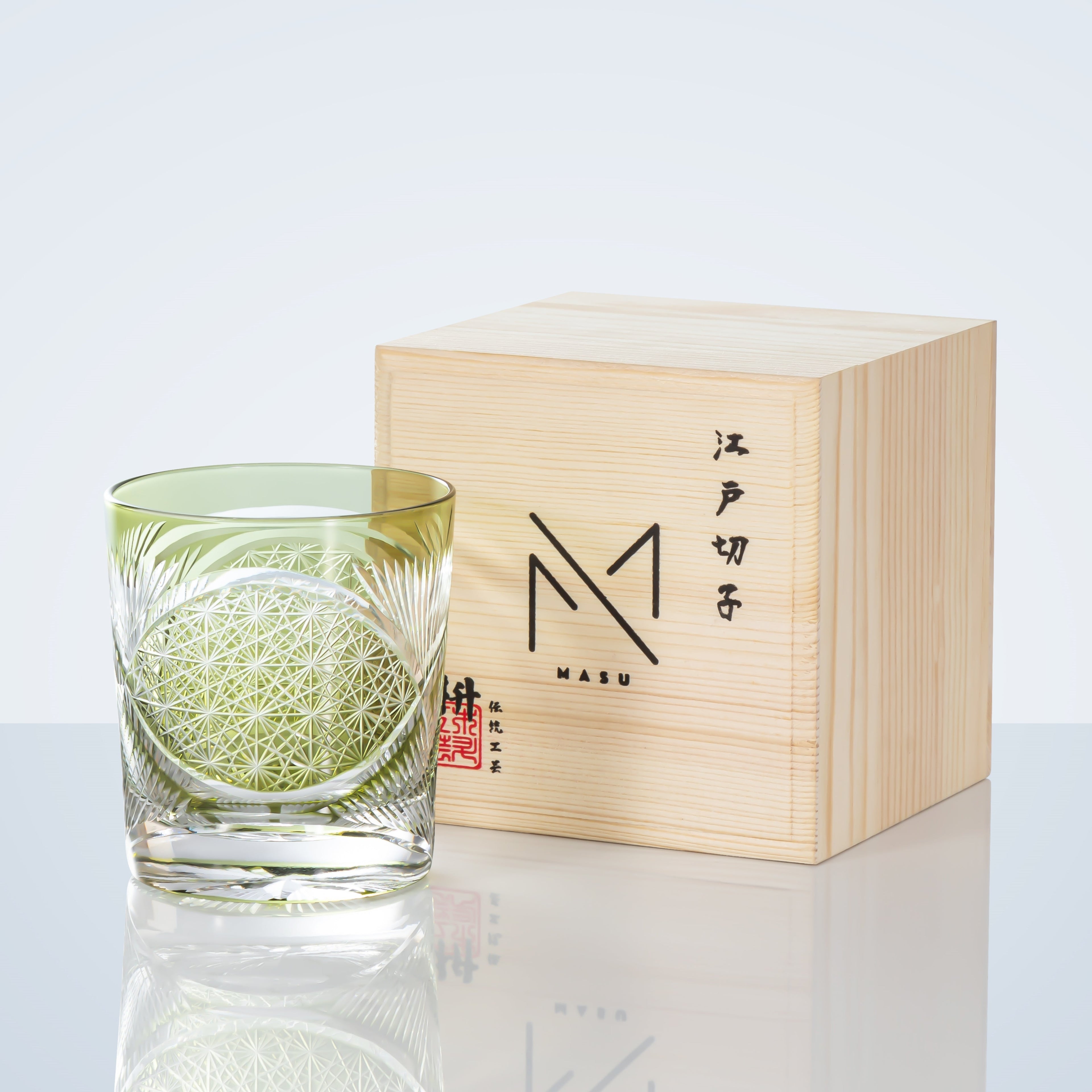 Whiskey Glass With Edo Kiriko Crane Feather Pattern In Amber Handmade Japanese Crystal