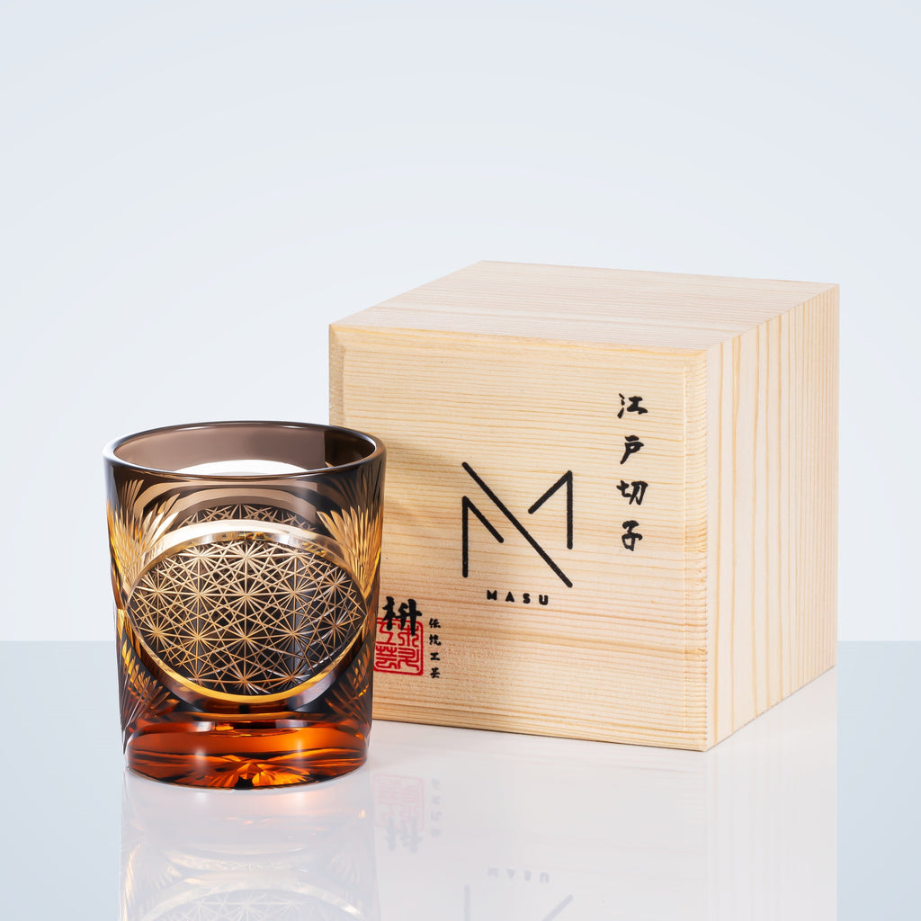 Whiskey Glass With Edo Kiriko Crane Feather Pattern In Amber Handmade Japanese Crystal