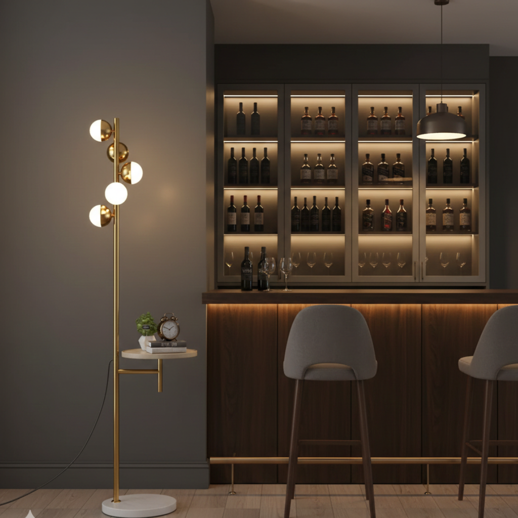 Elegant Floor Lamp With A Built In Table For Living Rooms In Nordic Modern Style