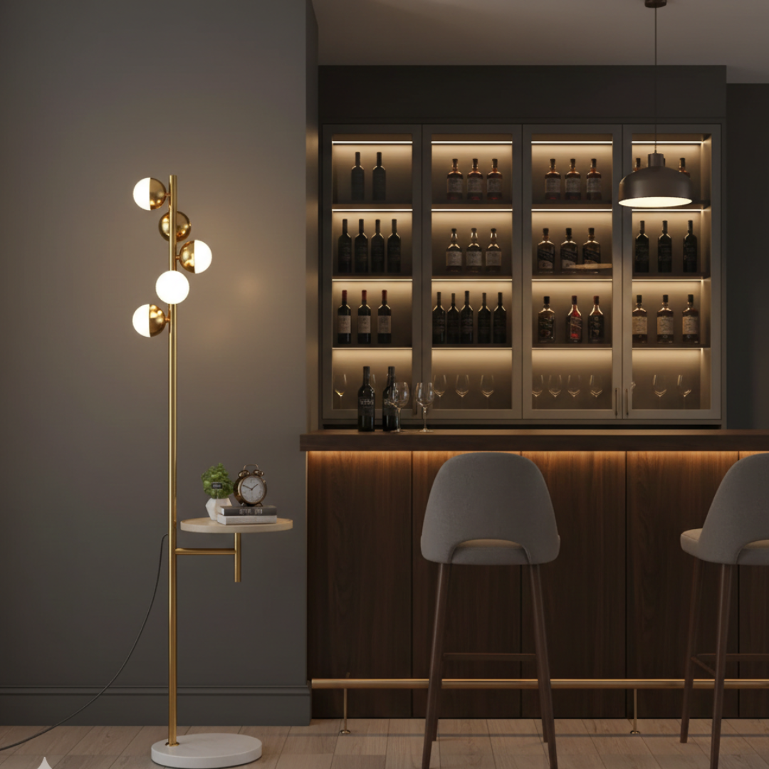 Elegant Floor Lamp With A Built In Table For Living Rooms In Nordic Modern Style