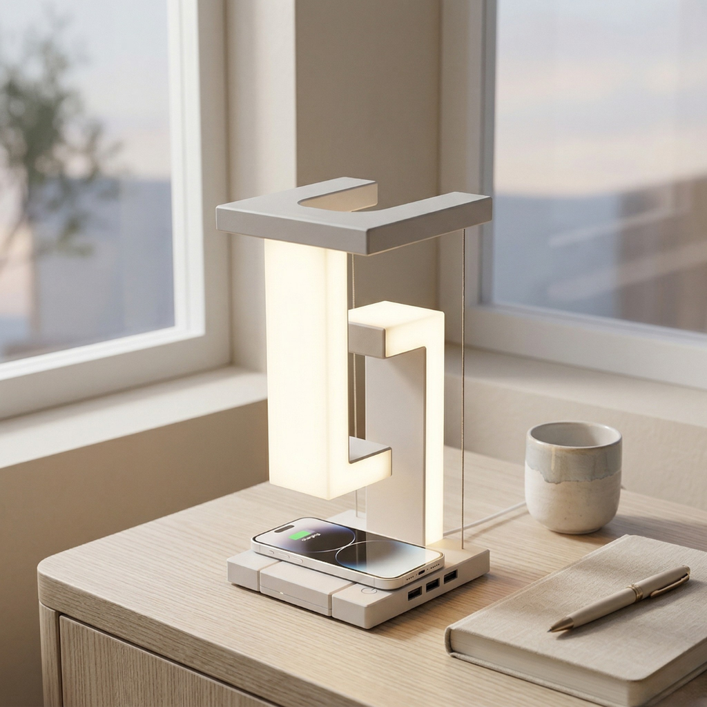 Levitating Desk Light Featuring Wireless Charging Pad For Modern Home Office Use Dimmable Brightness