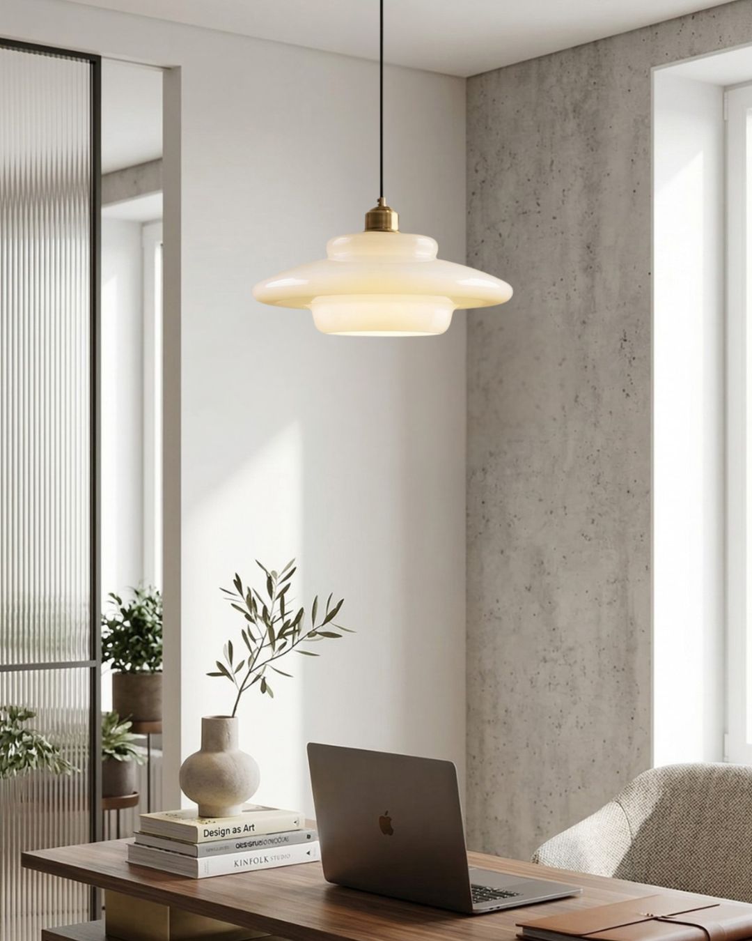 TINA Pendant Light, Mid-Century Milk-White Glass With Brushed Brass, Adjustable E27