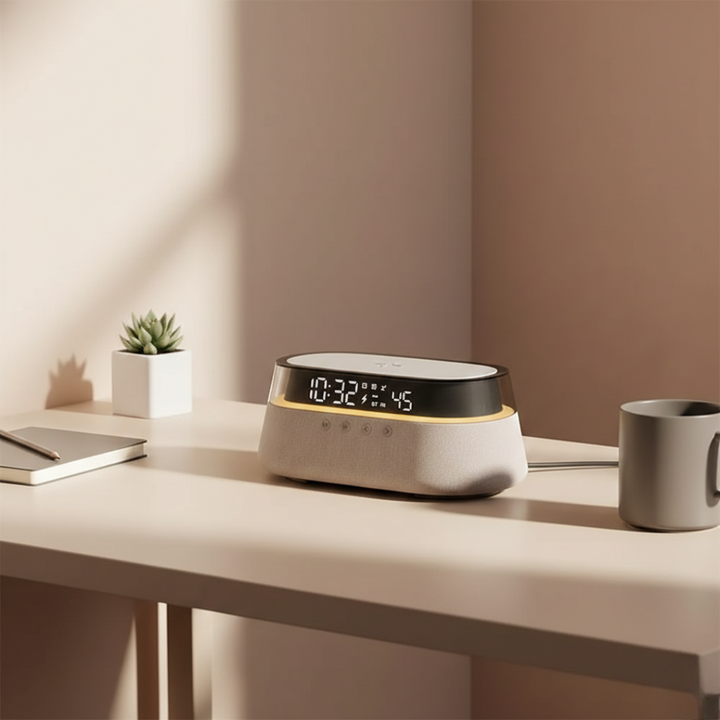 Six-In-One Alarm Clock With Wireless Charging, Bluetooth Speaker, FM Radio, Dual Alarms, USB Charger, And RGB Night Light