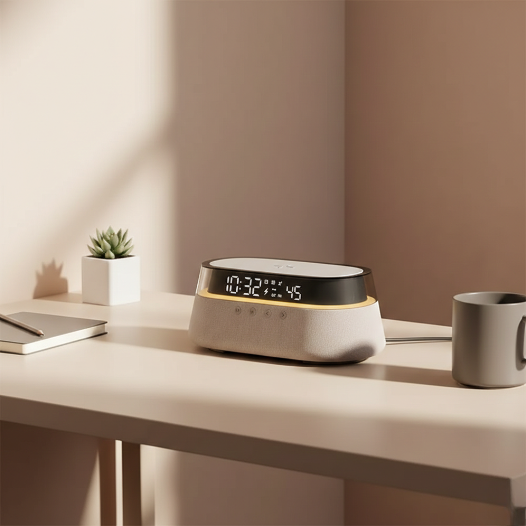 Six-In-One Alarm Clock With Wireless Charging, Bluetooth Speaker, FM Radio, Dual Alarms, USB Charger, And RGB Night Light
