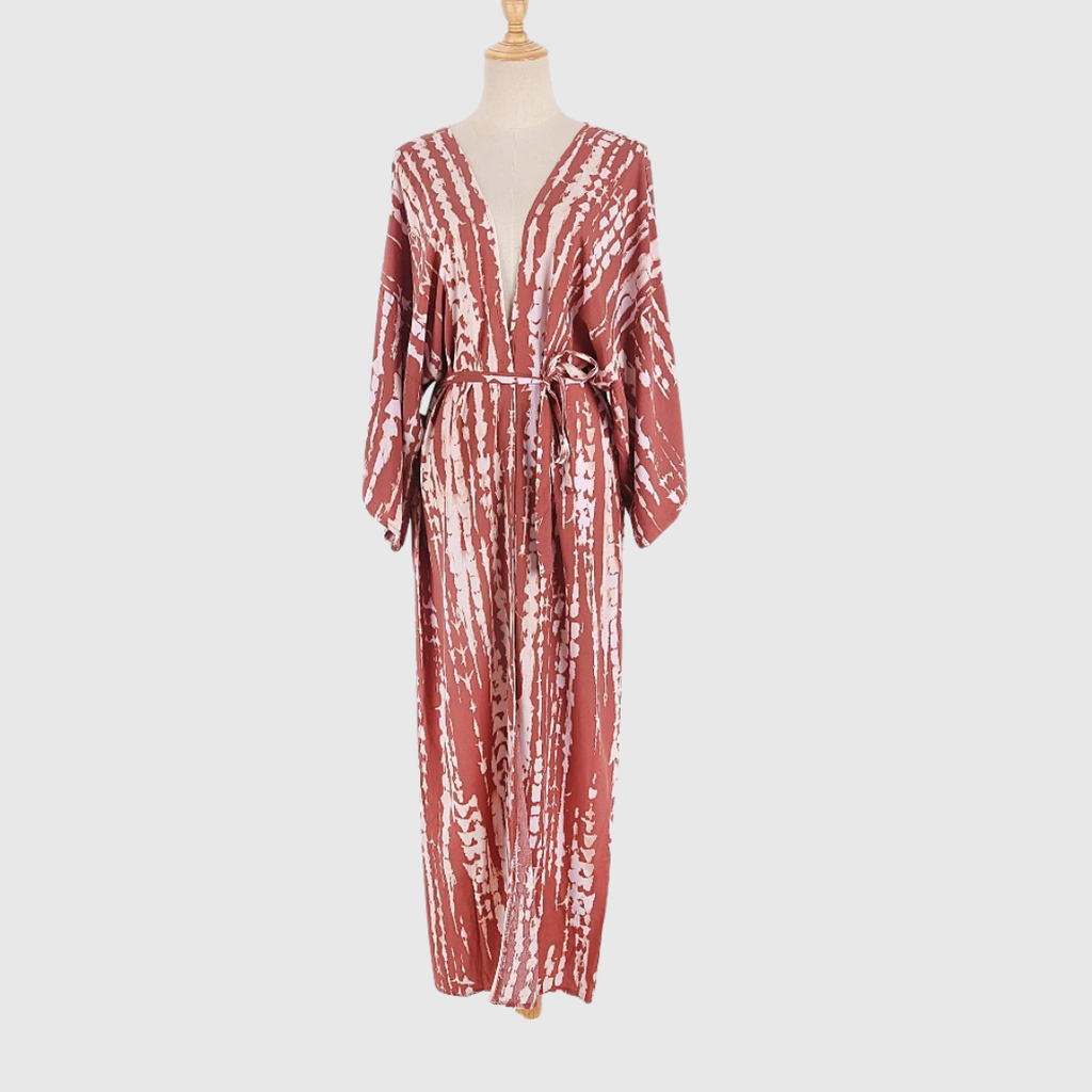 Kimono playero tie-dye OCEANVEIL — Prenda ligera y vaporosa de verano con cinturón del mismo tejido