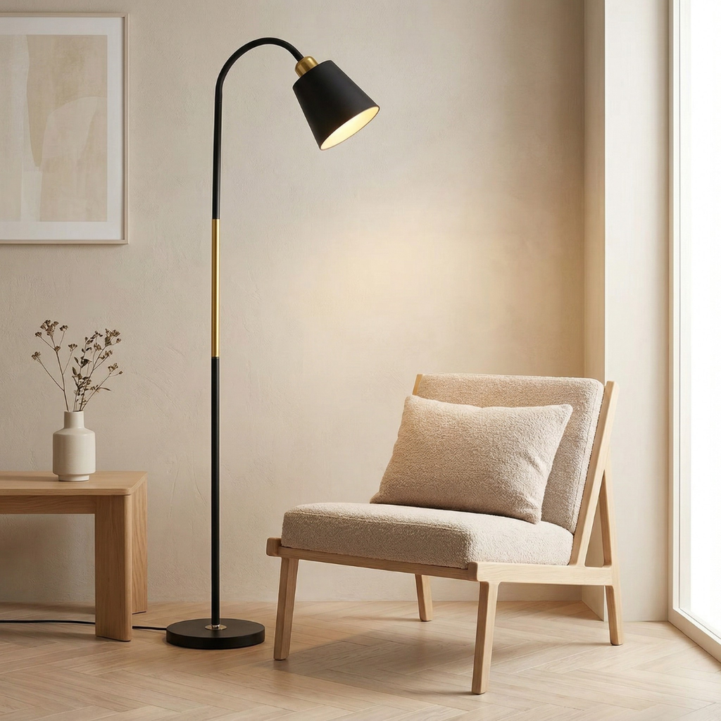 Floor Lamp Featuring Adjustable Head And LED Lighting For Reading And Ambient Living Room Use