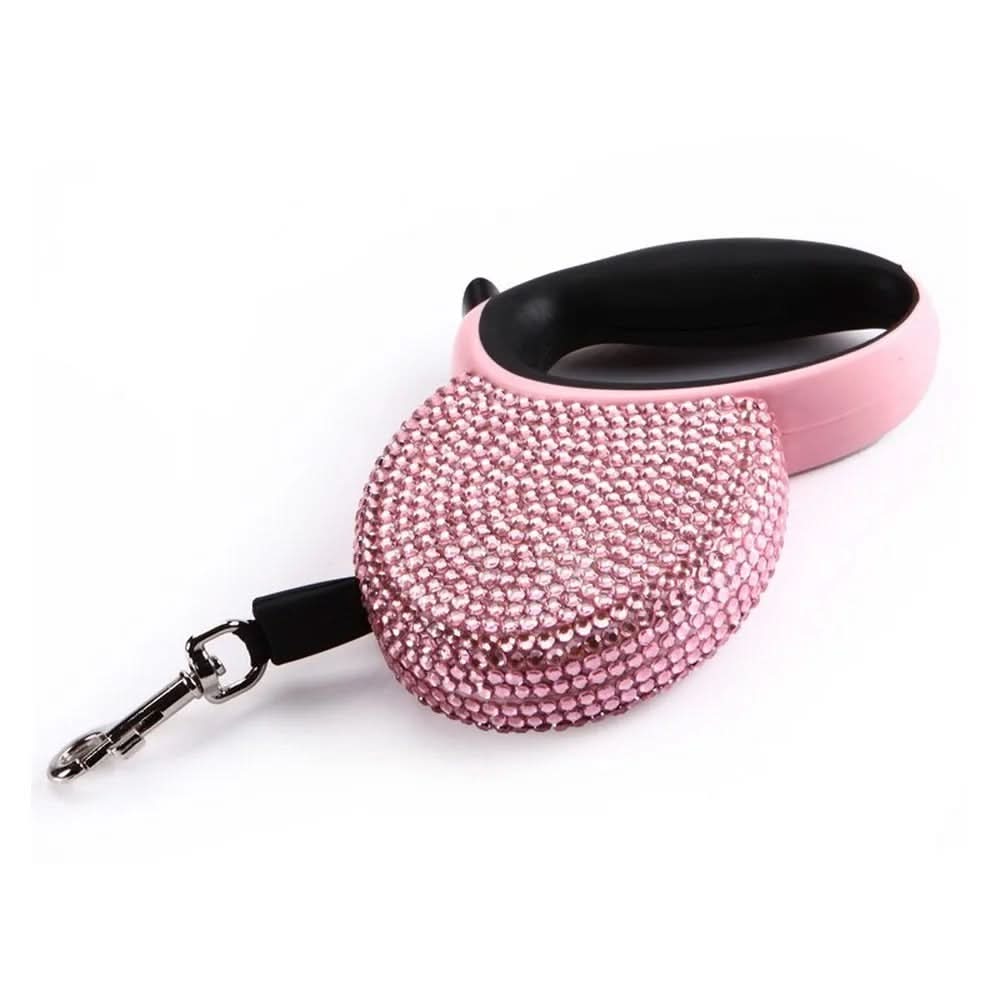 GlimmerPaw Luxury Retractable Leash — Rhinestone Trim, Smooth Retracting Handle