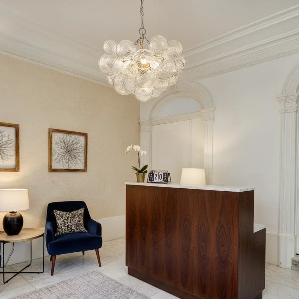 Clear Glass Bubble Chandelier With Ribbed Glass Detailing For Elegant Modern Interior Lighting