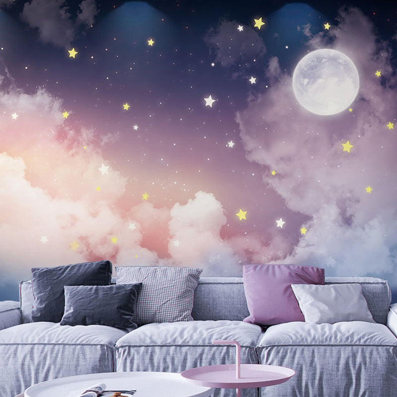 Carta da parati con foto di luna e stelle, decorazione da parete rosa e viola, cielo stellato calmo