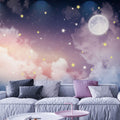 Carta da parati con foto di luna e stelle, decorazione da parete rosa e viola, cielo stellato calmo