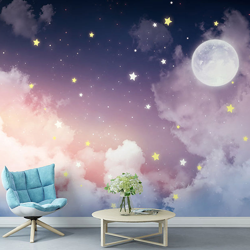 Carta da parati con foto di luna e stelle, decorazione da parete rosa e viola, cielo stellato calmo