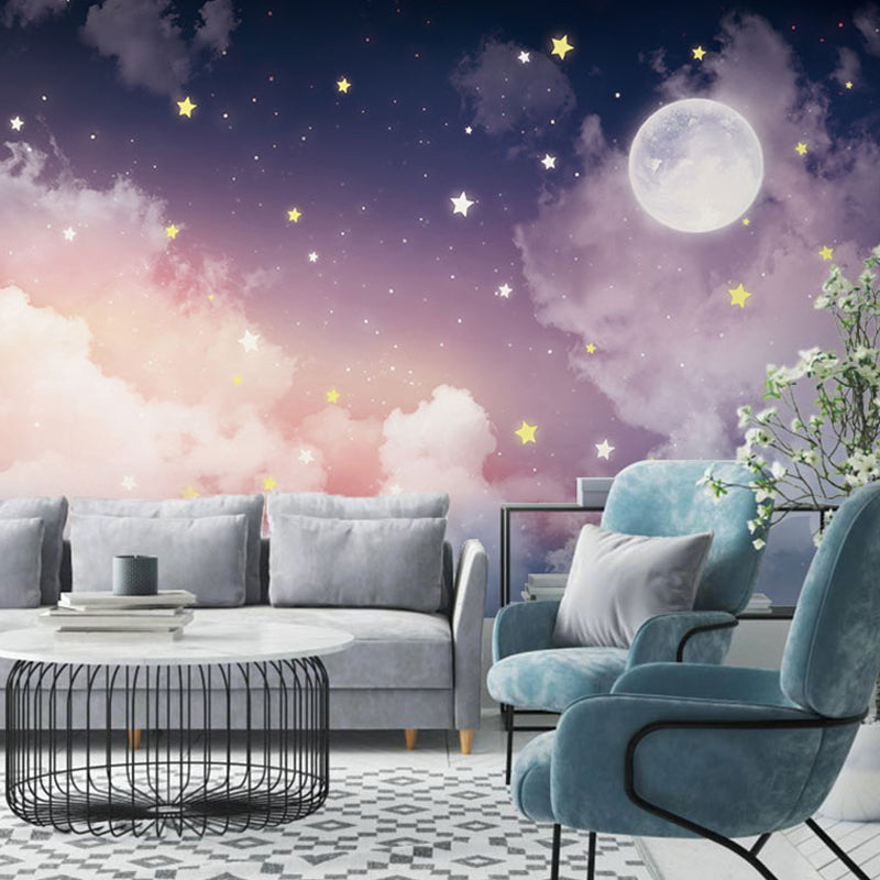 Carta da parati con foto di luna e stelle, decorazione da parete rosa e viola, cielo stellato calmo