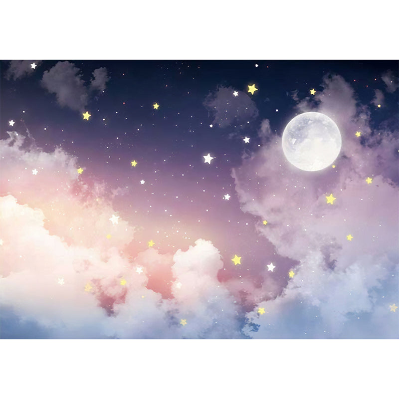 Carta da parati con foto di luna e stelle, decorazione da parete rosa e viola, cielo stellato calmo