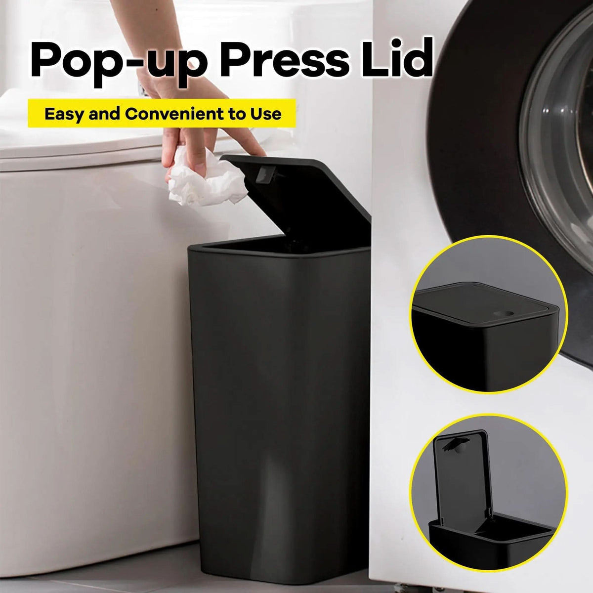 PRESSLUX 10L Slim Trash Can — Press-Top Lid, Space-Saving Design