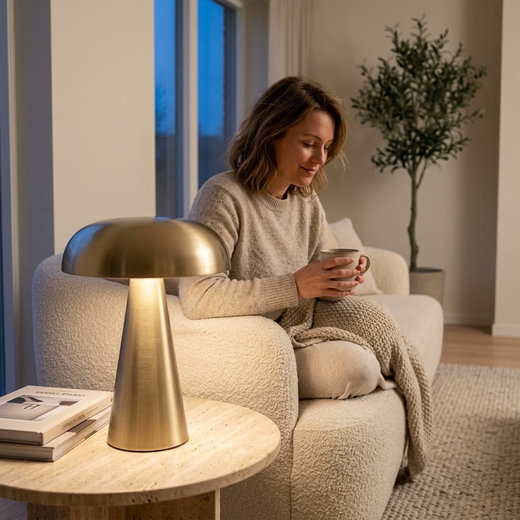 Kovová stolní lampa ve tvaru houby s dřevěnými prvky, bezdrátové provedení — teplá bílá 3000 K, výdrž baterie až 11 h
