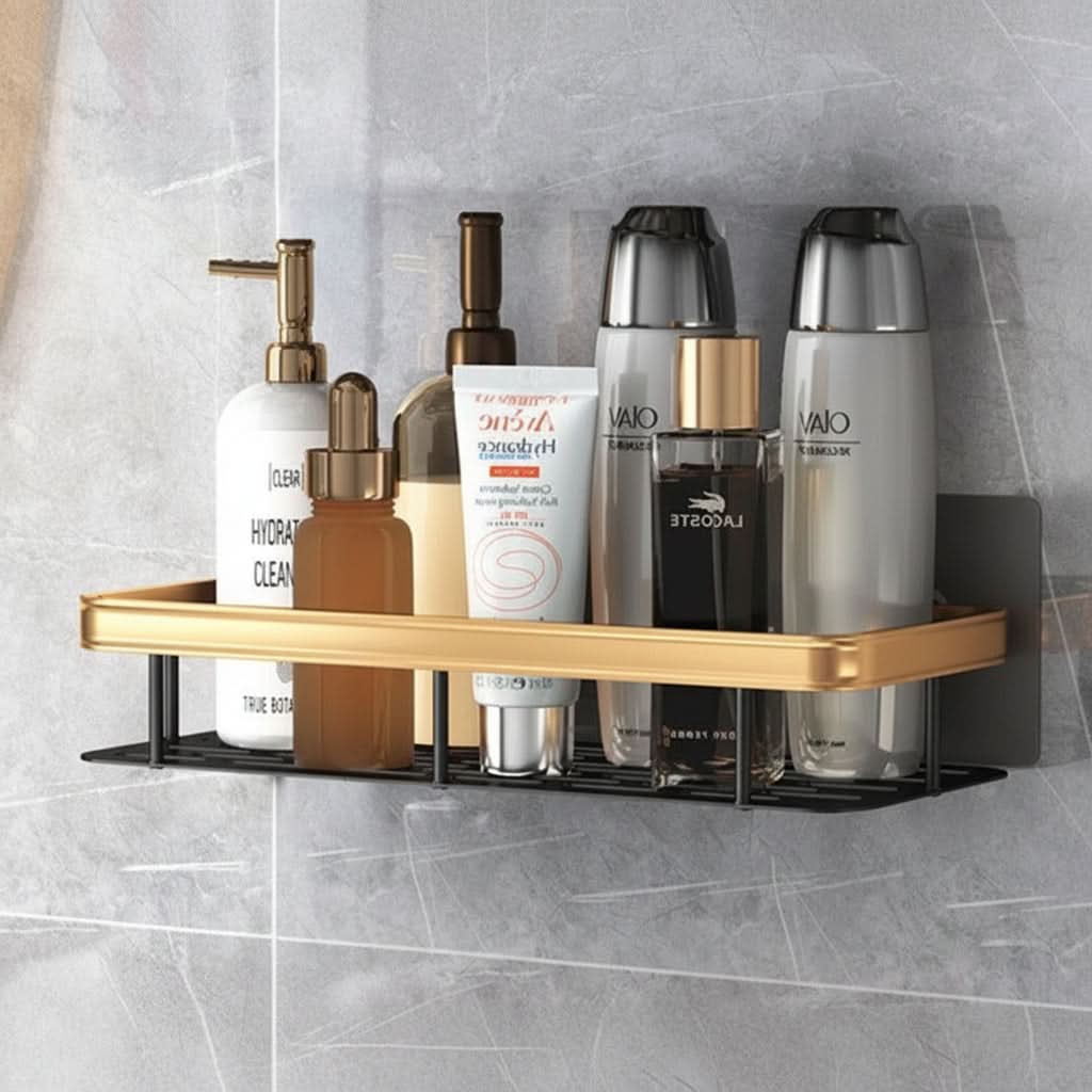 Organizer da parete per bagno ALUVAULT — Scaffale contenitore in lega di alluminio dal design elegante