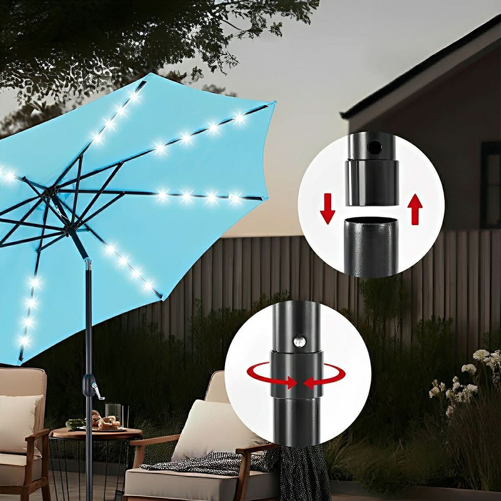CANOPYGLOW solcellsdrivna LED-paraplylampor — justerbar lutning, kvällsstämning