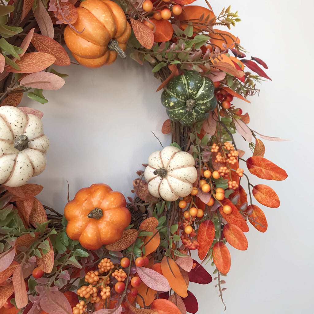HARVESTGRACE herfstkrans met pompoenen — handgemaakte seizoensgebonden deurdecoratie voor herfstpresentaties