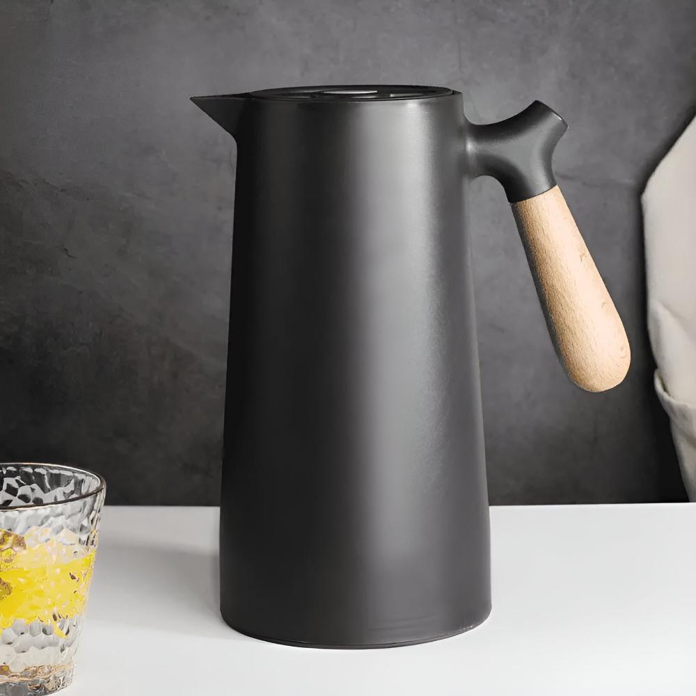 Thermos 1L Stainless Steel Carafe With Beige Wooden Handle Insulated Leakproof