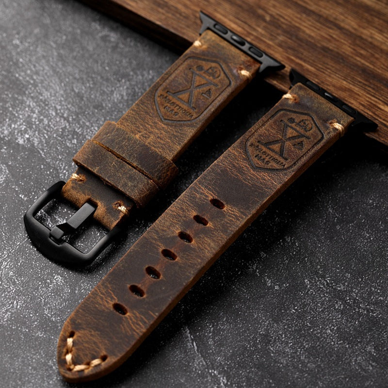Vintage Leather Apple Watch Band With Hand-Stitched Seams Full-Grain Finish 40-49mm