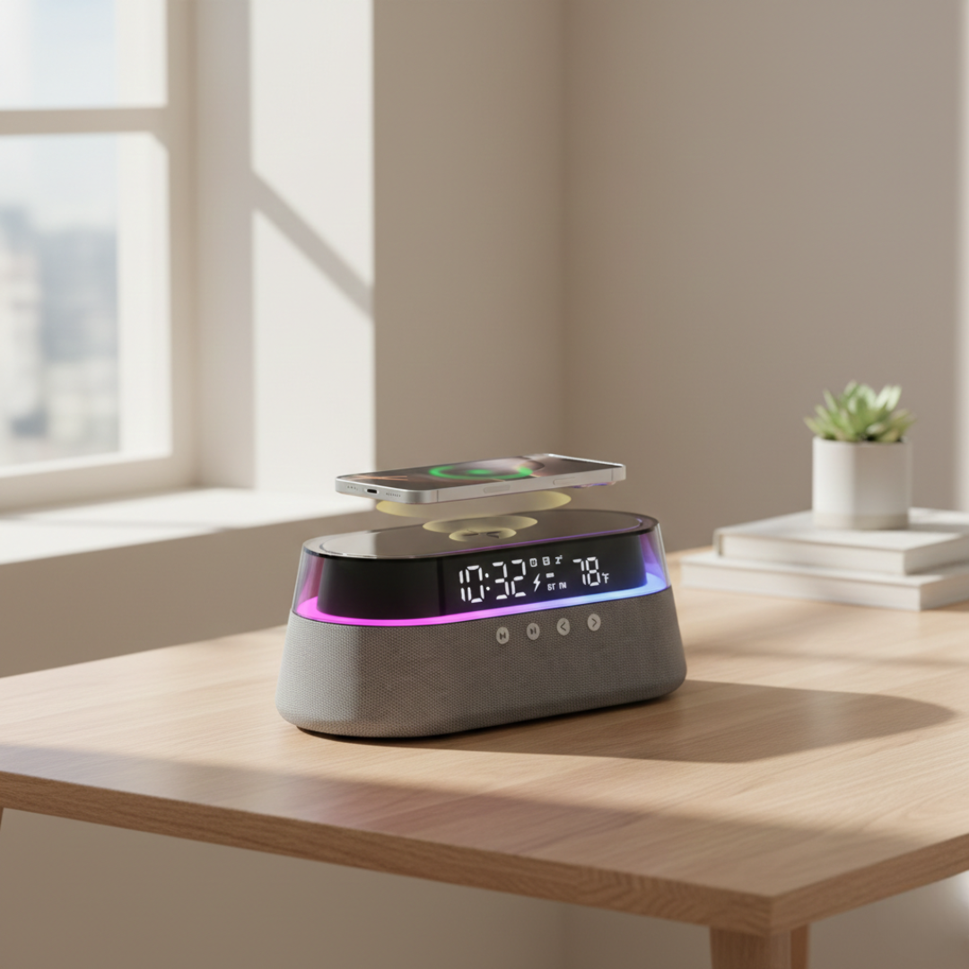 Six-In-One Alarm Clock With Wireless Charging, Bluetooth Speaker, FM Radio, Dual Alarms, USB Charger, And RGB Night Light
