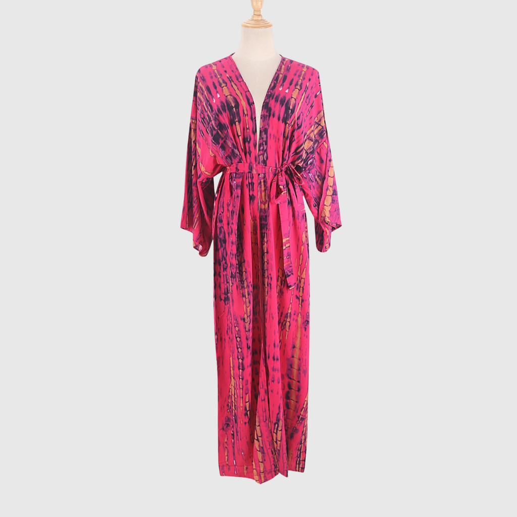 Kimono playero tie-dye OCEANVEIL — Prenda ligera y vaporosa de verano con cinturón del mismo tejido