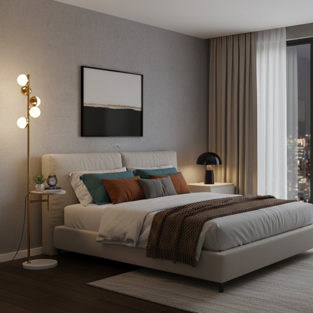 Elegant Floor Lamp With A Built In Table For Living Rooms In Nordic Modern Style