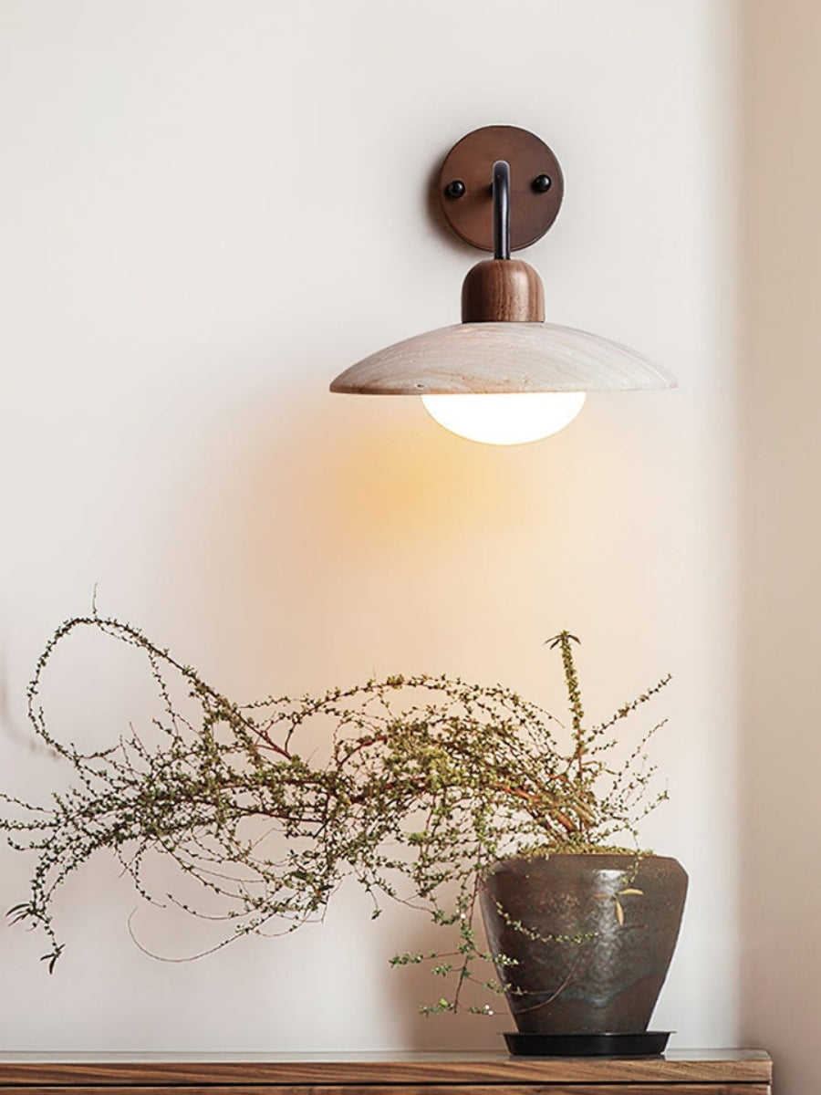 Travertine Stone Wall Light With Minimalist Disc Design And Warm Glow