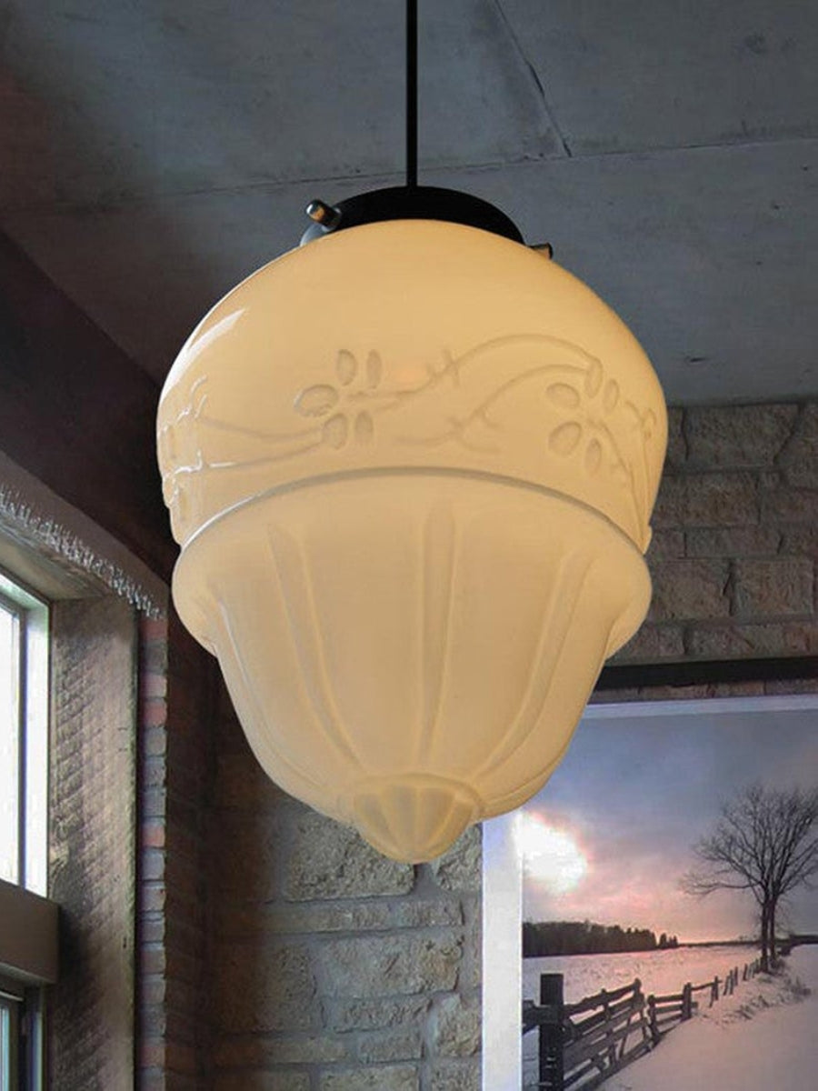 Vintage Art Deco Milk Glass Pendant Light With Striped Shade For Dining And Living Rooms