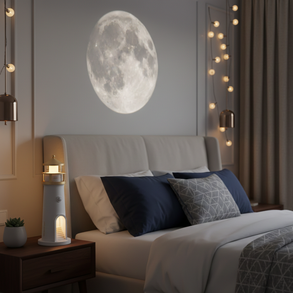 Lighthouse Night Light Projection With Bluetooth Speaker For Ambient Home Ambience And Relaxing Glow