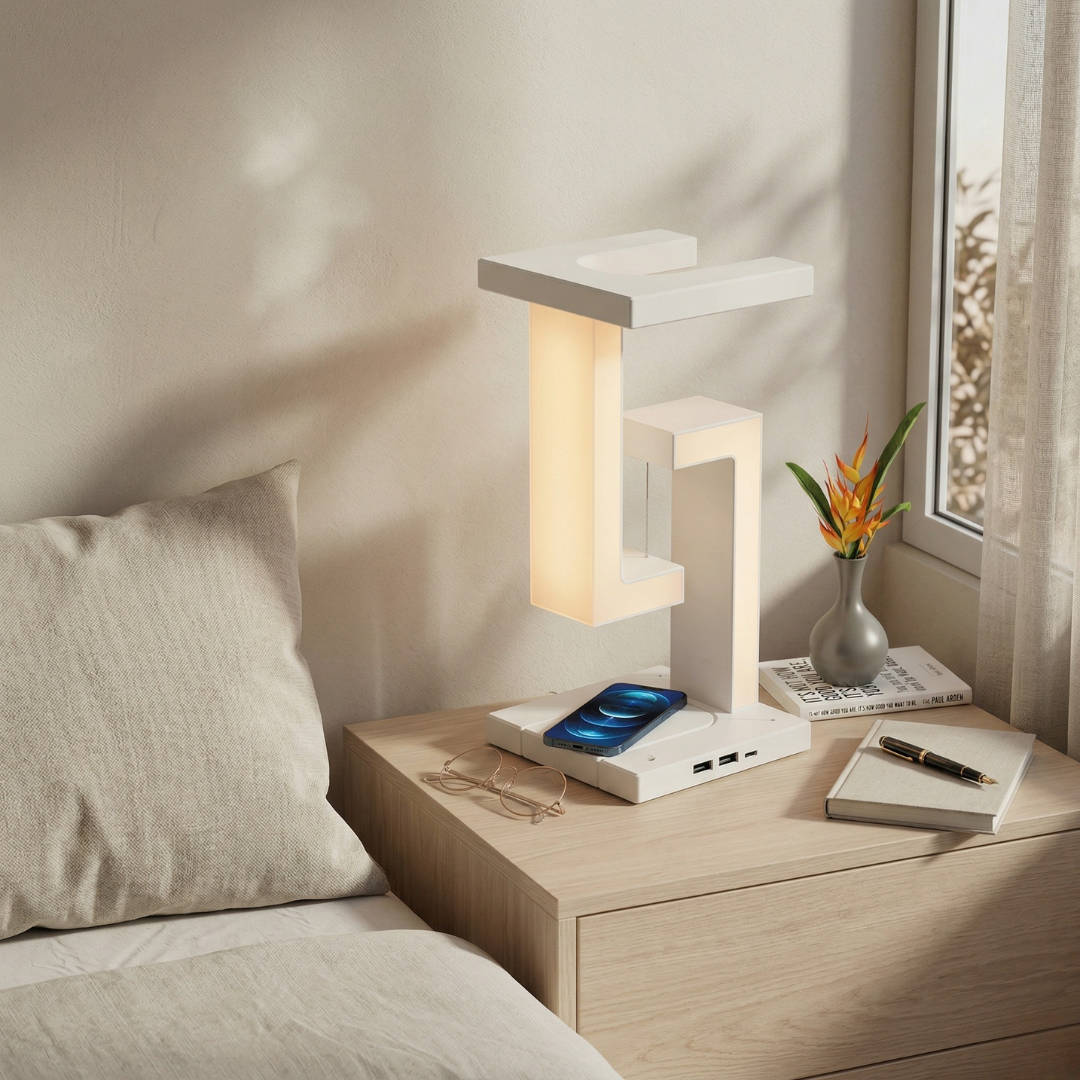 Levitating Desk Light Featuring Wireless Charging Pad For Modern Home Office Use Dimmable Brightness