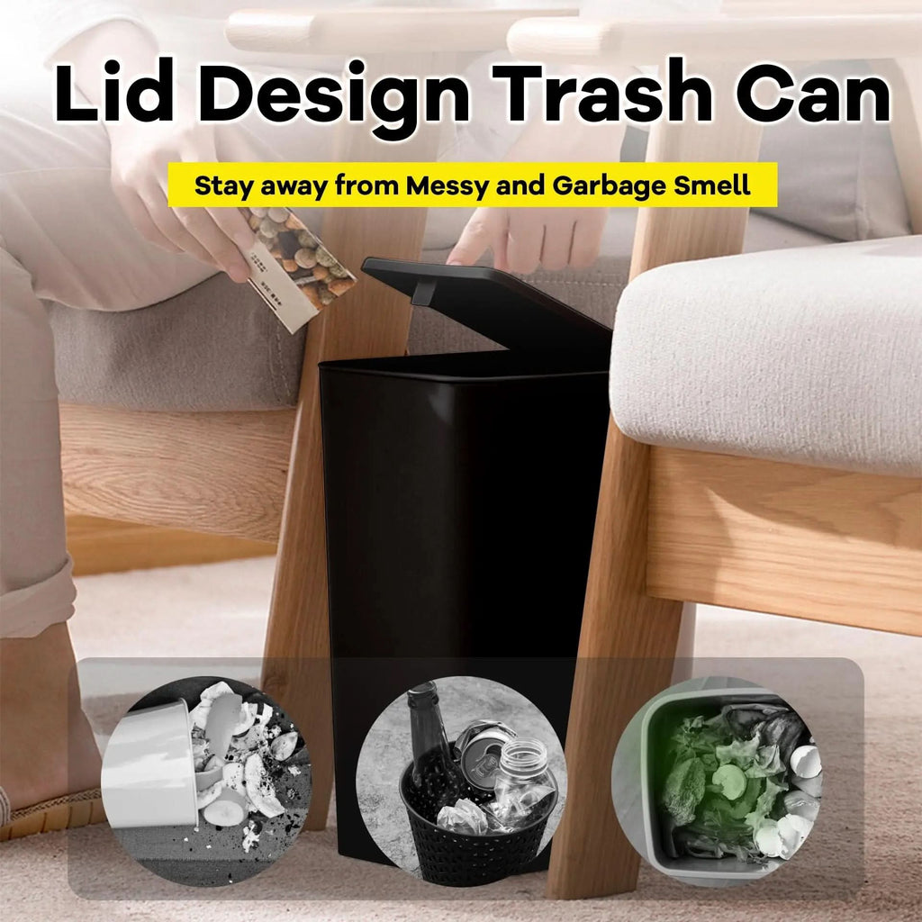 PRESSLUX 10L Slim Trash Can — Press-Top Lid, Space-Saving Design