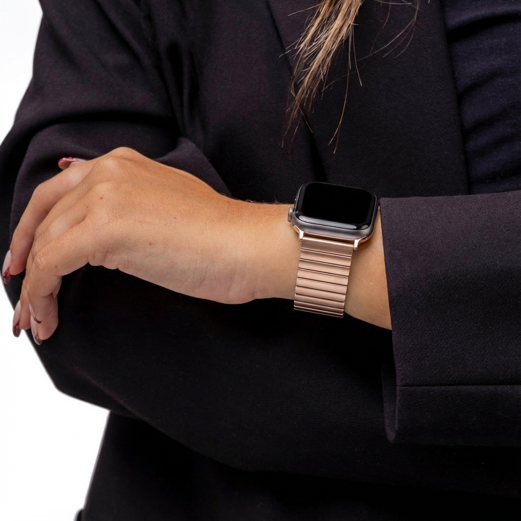 Apple Watch elastische stalen band in roségoud — flexibele pasvorm om eenvoudig om te schuiven
